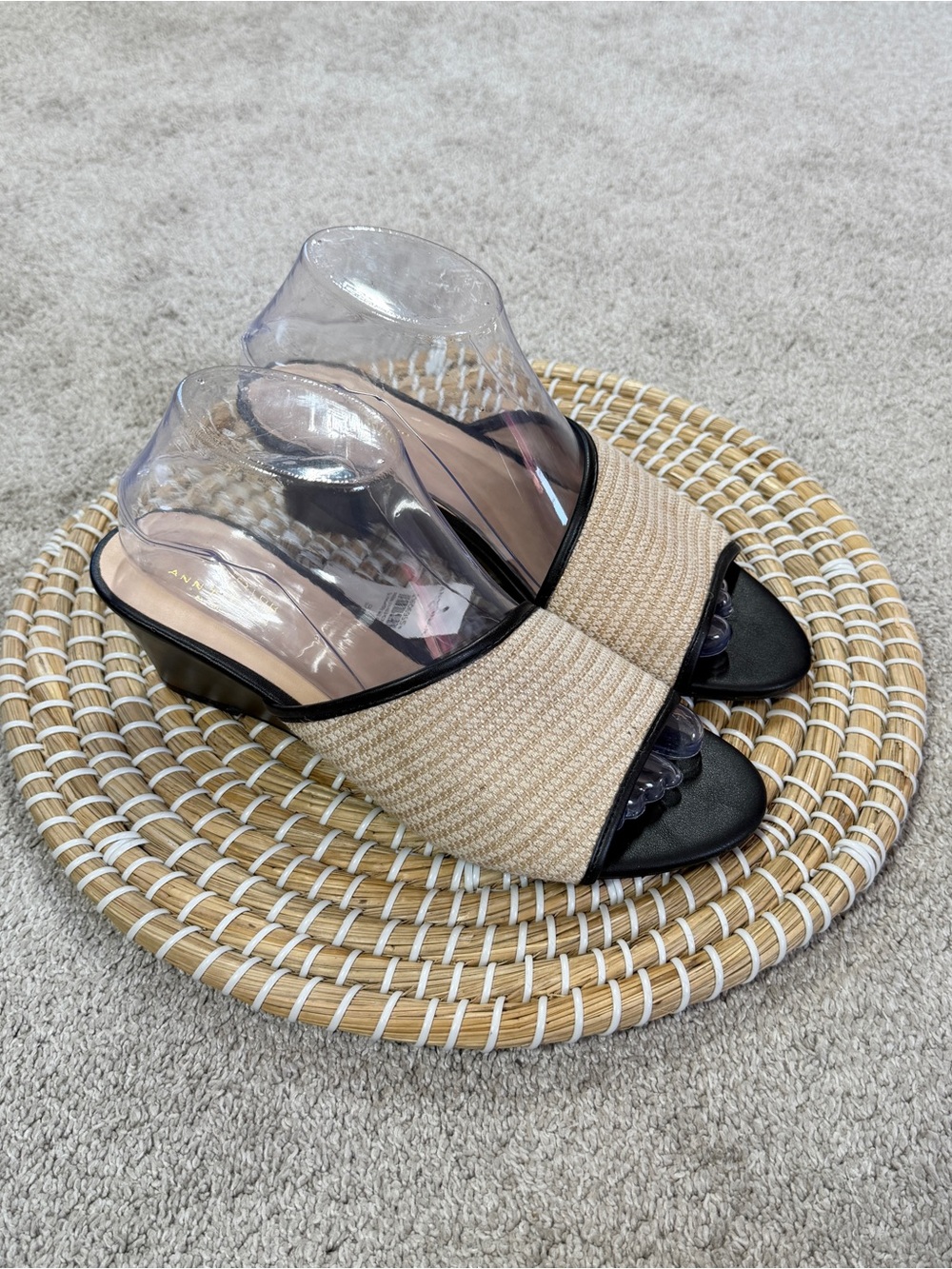 Ann Taylor Factory Women’s Slip-On Leather Raffia Wedge Sandals in Black Cream 8